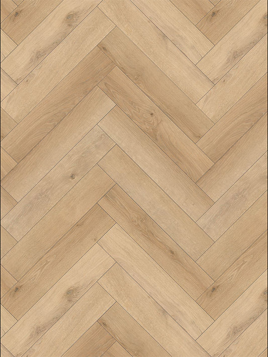 Waterproof Silk Road Herringbone Hybrid Flooring in 8mm thickness with realistic timber finish for residential spaces