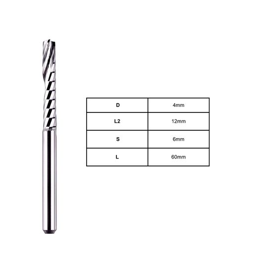 Single flute O flute spiral router bit with 4mm cutting diameter and 6mm shank for clean, precise cutting of plastic, acrylic, PVC, and other non-ferrous materials.