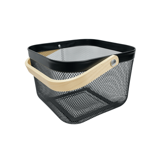 Small Black Handy Storage Basket with Wooden Handle-0