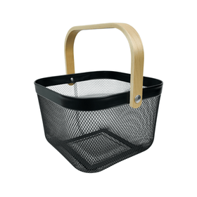 Small Black Handy Storage Basket with Wooden Handle