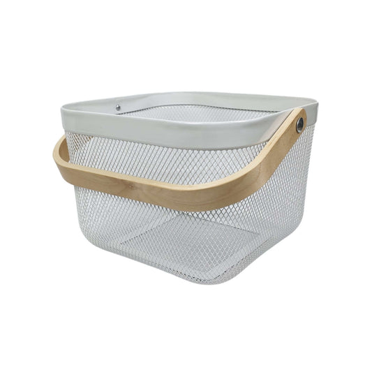 Small White Mesh Basket with Wooden Handle-0