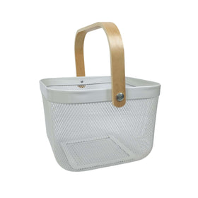 Small White Mesh Basket with Wooden Handle
