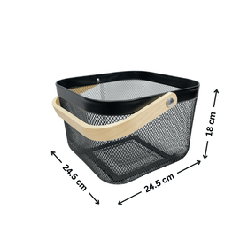 Small Black Handy Storage Basket with Wooden Handle
