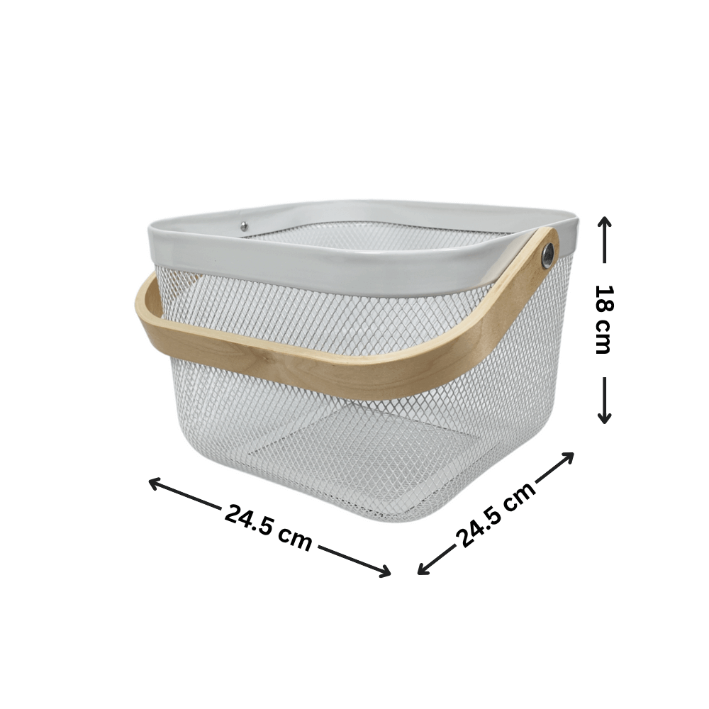 Small White Mesh Basket with Wooden Handle-1