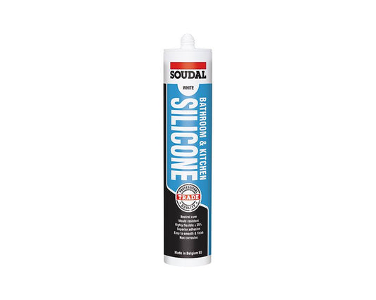 Soudal Bathroom & Kitchen Silicone 300ml white by Wilson & Bradley – neutral cure flexible silicone sealant with mould resistance for showers, sinks, baths and tiles