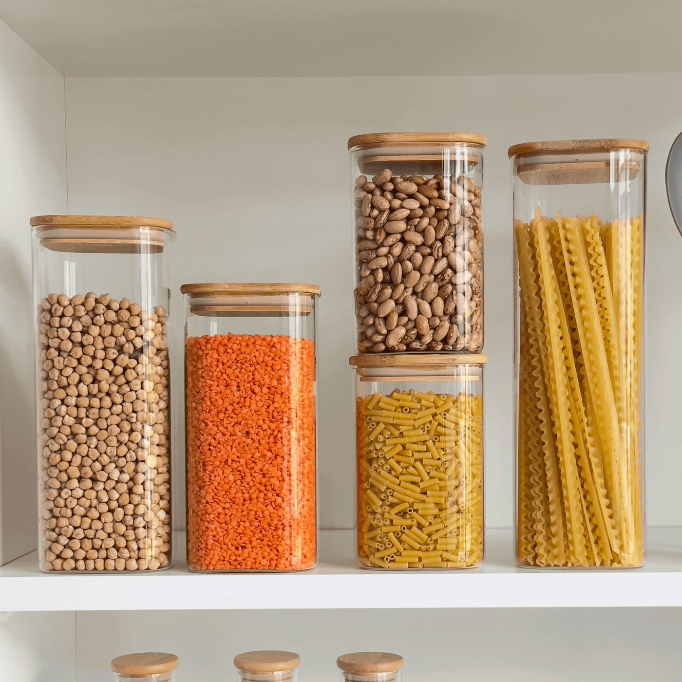 Square Bamboo Glass Pantry Jar Set – 5 Stackable Sizes
