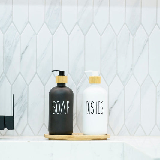 Glass Pump Bottles + Bamboo Tray – 500 ml Set-0