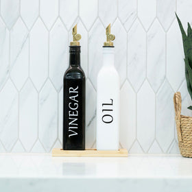 White & Black Oil & Vinegar Bottles with Bamboo Tray – 500ml