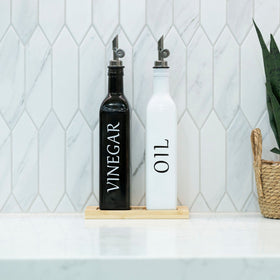 White & Black Oil & Vinegar Bottles with Bamboo Tray – 500ml