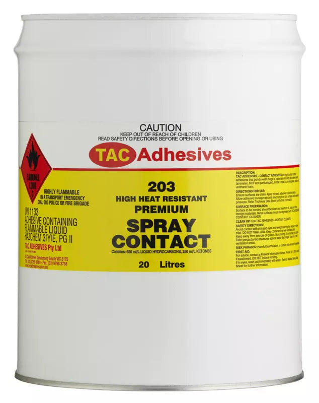 TAC 203 Premium spray contact adhesive clear 20 L drum – high heat resistant bonding spray for decorative laminates, MDF, timber, metal, and more