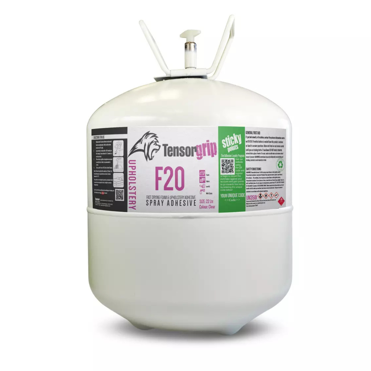 Tensorgrip F20 22L clear fast-drying upholstery and foam adhesive canister for bonding fabric, carpet, timber, MDF and porous/non-porous surfaces with strong tack performance 