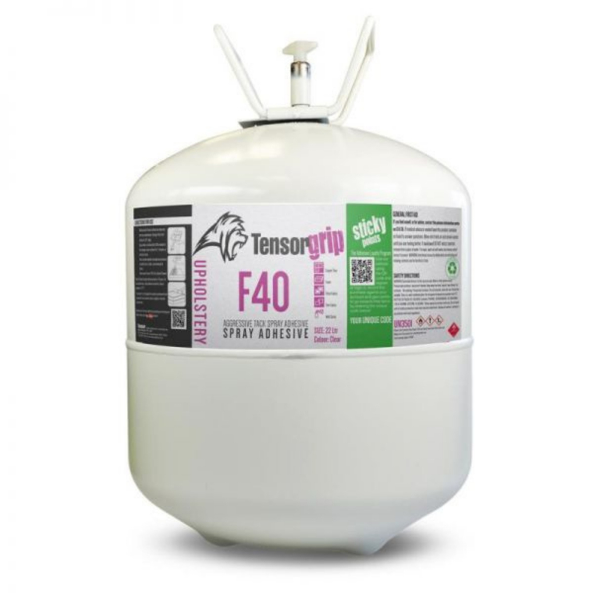 Tensorgrip F40 22 L high‑tack flammable spray adhesive canister for foam, fabric, upholstery, carpet, plywood and MDF bonding with long open time and strong industrial adhesion