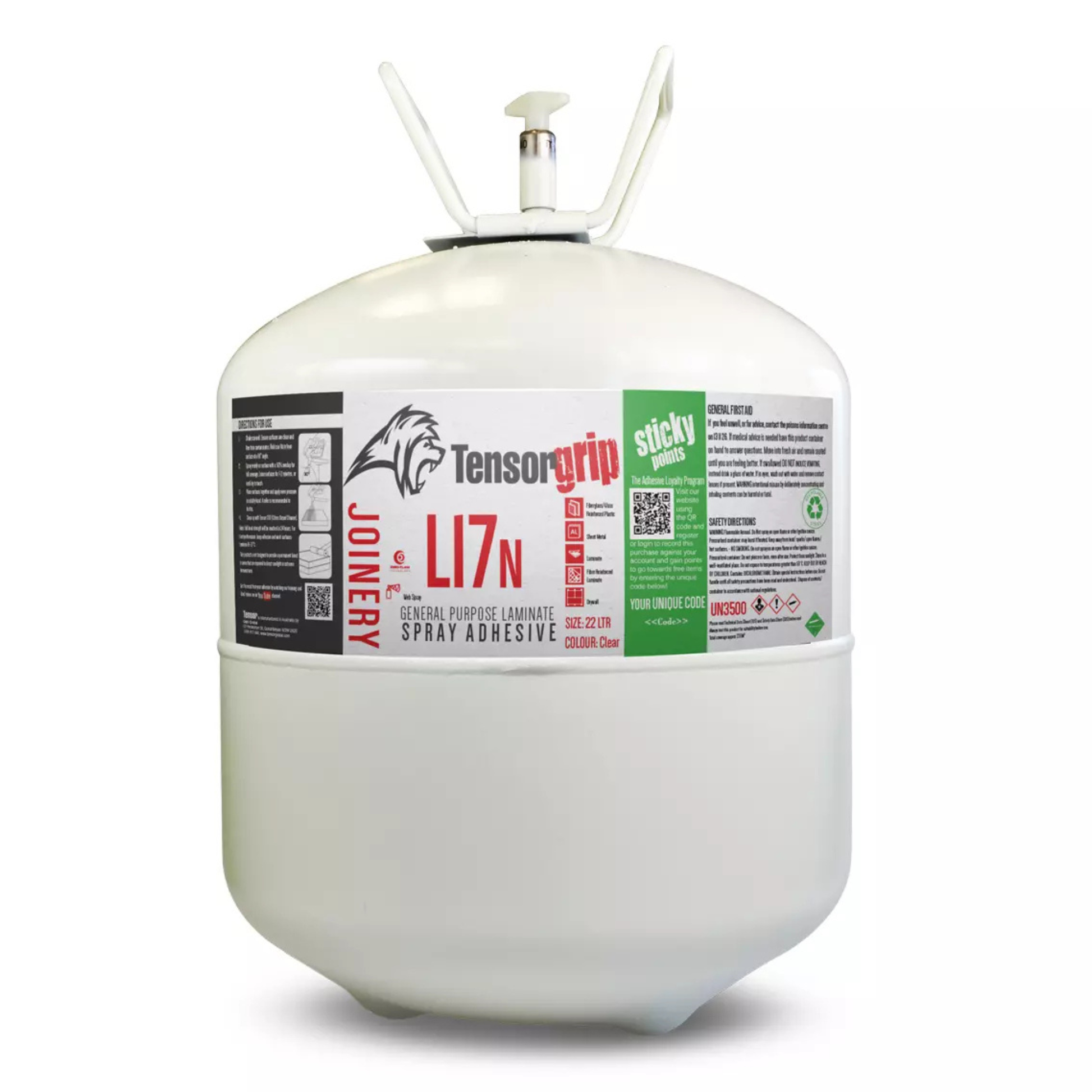 Tensorgrip L17N 22L clear non-flammable industrial adhesive canister for bonding HPL, fire retardant MDF, and other substrates, offering high-performance, fire-rated strength