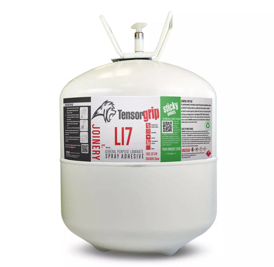Tensorgrip L17 22 L clear flammable industrial contact adhesive canister for high‑temperature bonding of HPL, MDF, plywood and timber panels with fast tack and durable permanent adhesion 