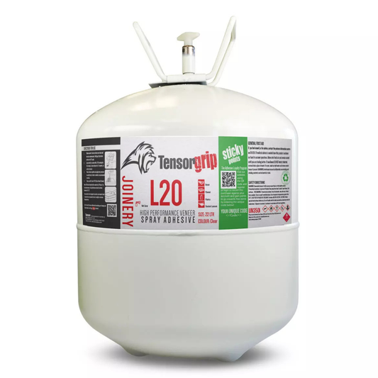 Tensorgrip L20 22L clear flammable industrial adhesive canister, ideal for bonding HPL, MDF, and multiple surfaces with high-strength, fast-drying performance