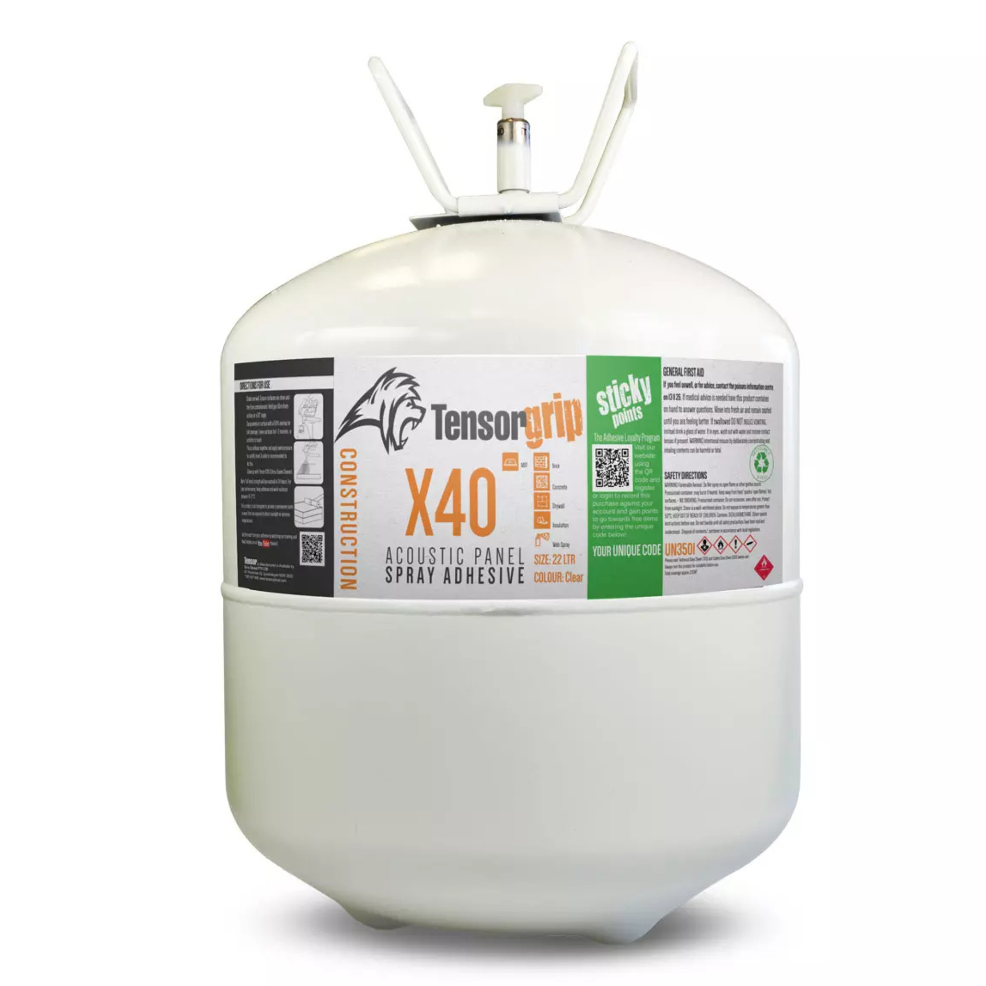 Tensorgrip X40 22L clear acoustic panel adhesive canister for industrial spray bonding of MDF, drywall, timber and wall panels with fast tack and high coverage