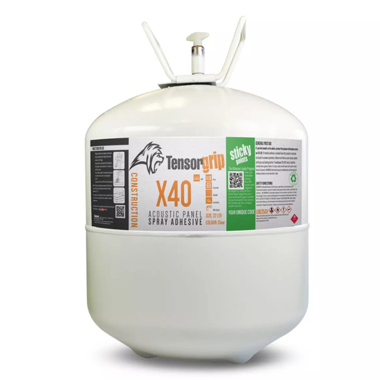 Tensorgrip X40 22L clear acoustic panel adhesive canister for industrial spray bonding of MDF, drywall, timber and wall panels with fast tack and high coverage