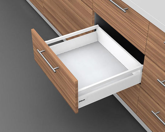 Blum TANDEMBOX antaro with TIP-ON BLUMOTION High Fronted Drawer B Height 135mm with Single Gallery Rail 30kg 550mm Silk White for drawer weight 0-20kg