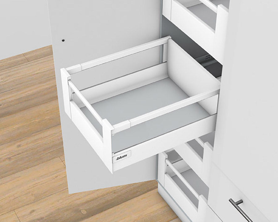 Blum TANDEMBOX Antaro with TIP-ON BLUMOTION Inner Drawer D Height 199mm with Single Gallery Rail 65kg 650mm Silk White for drawer weight 35-65kg