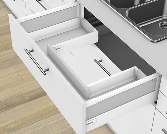 Blum TANDEMBOX antaro Sink Drawer D Height 199mm with Single Rail 65kg 550mm Silk White with BLUMOTION