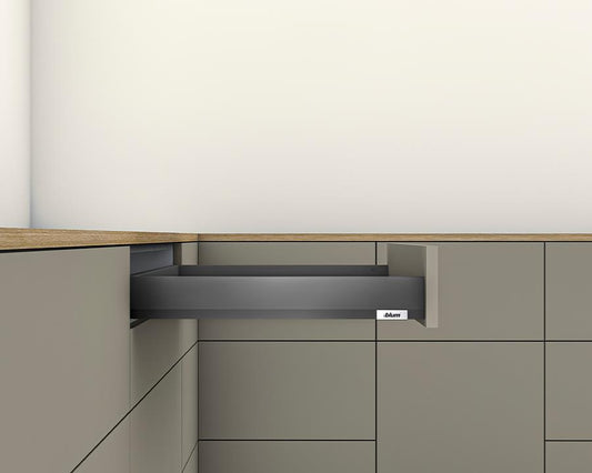 Blum MERIVOBOX N Height 68.5mm drawer 450mm with BLUMOTION in Orion Grey 40kg for drawer weight 15-40kg