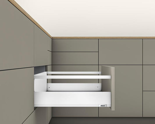 Blum MERIVOBOX Modular E Height 192mm Single Gallery Rail Drawer 270mm with BLUMOTION in Silk White 40kg