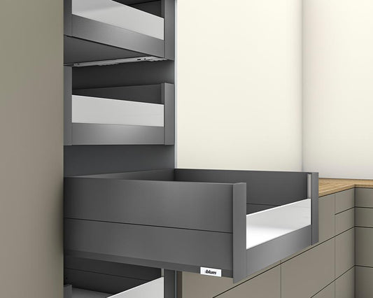 Blum MERIVOBOX modular E Height 192mm Inner Drawer BOXCAP with Low Glass Design Element 270mm with BLUMOTION in Orion Grey 40kg. To suit 1200mm wide cabinet