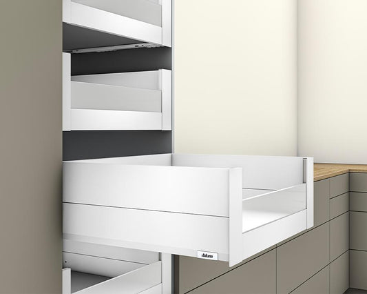 Blum MERIVOBOX modular E Height 192mm Inner Drawer BOXCAP with Low Glass Design Element 270mm with BLUMOTION in Silk White 40kg. To suit 1200mm wide cabinet