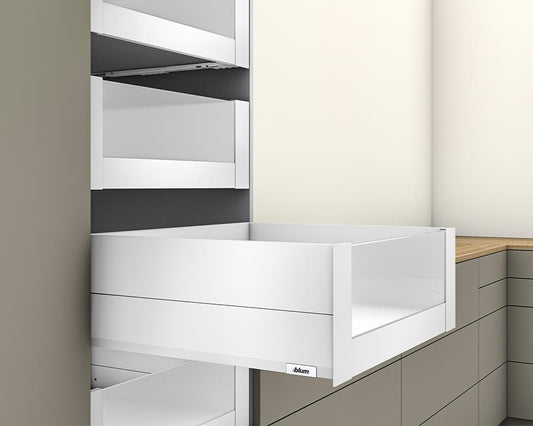 Blum MERIVOBOX modular E Height 192mm Inner Drawer BOXCAP with High Glass Design Element 270mm with BLUMOTION in Silk White 40kg. To suit 1200mm wide cabinet