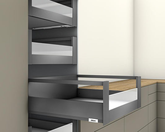 Blum MERIVOBOX modular E Height 192mm Inner Drawer Gallery with Low Glass Design Element 270mm with BLUMOTION in Orion Grey 40kg. To suit 1200mm wide cabinet