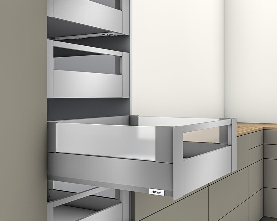 Blum MERIVOBOX modular E Height 192mm Inner Drawer BOXCOVER with Gallery Rail 500mm with BLUMOTION in Indium Grey 40kg