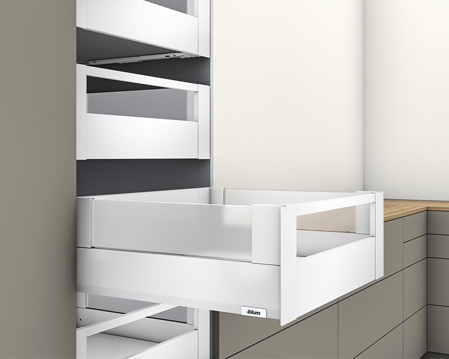 Blum MERIVOBOX modular E Height 192mm Inner Drawer BOXCOVER with Gallery Rail 450mm with BLUMOTION in Silk White 40kg