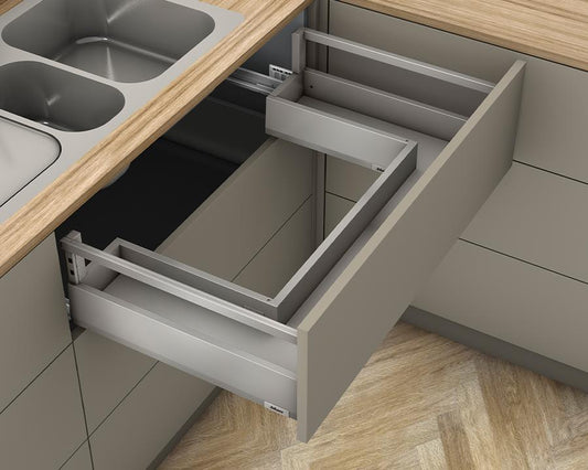 Blum MERIVOBOX modular E Height 192mm Sink Drawer with Single Gallery Rail 450mm with BLUMOTION in Indium Grey 40kg