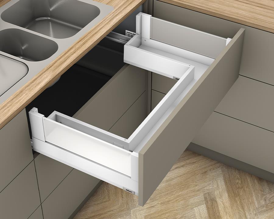 Blum MERIVOBOX modular E Height 192mm Sink Drawer with BOXCOVER 450mm with BLUMOTION in Silk White 40kg