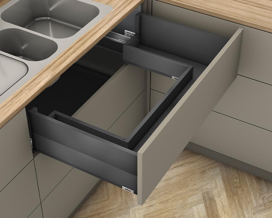 Blum MERIVOBOX modular E Height 192mm Sink Drawer with BOXCAP 450mm with BLUMOTION in Orion Grey 40kg