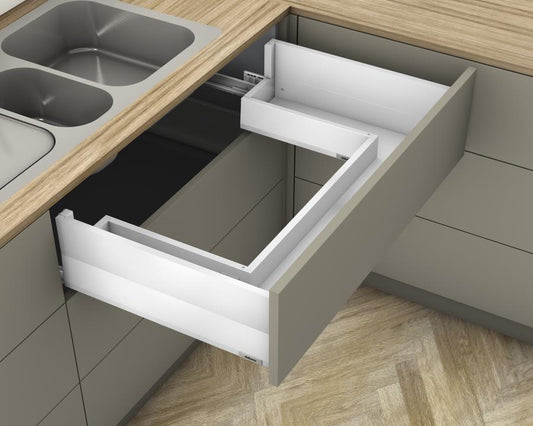 Blum MERIVOBOX modular E Height 192mm Sink Drawer with BOXCAP 450mm with BLUMOTION in Silk White 40kg