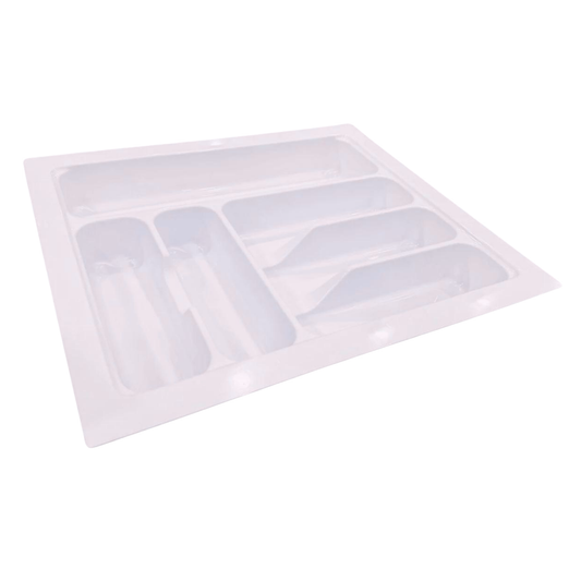 White cutlery tray for organised kitchen drawer storage of knives, forks, spoons and utensils