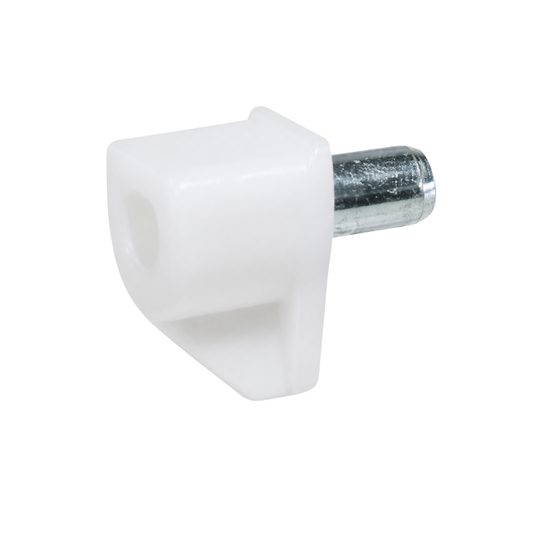 White plastic shelf support with 5mm metal pin for cabinets, wardrobes, furniture and adjustable shelving
