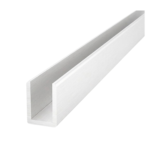 White aluminium U channel profile for wardrobe framing systems, providing clean edge finishing, structural support, and durable sliding wardrobe door installation