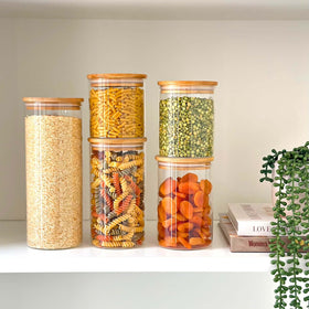 Round Bamboo Pantry Glass Jar Set – 5 Stackable Sizes