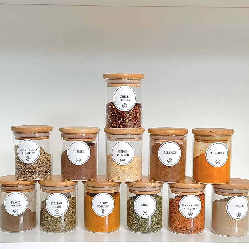 Round Glass Bamboo Herb and Spice Storage Jar Set – 12 Pack-4