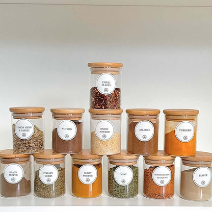 Round Glass Bamboo Herb and Spice Storage Jar Set – 12 Pack-4