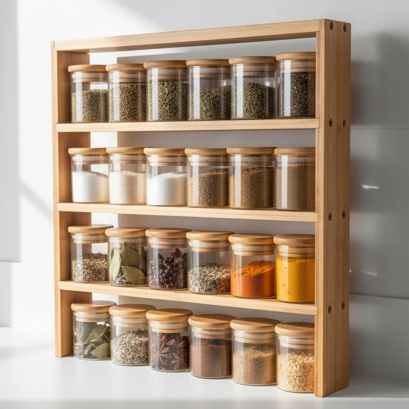 Standing 4-Tier Spice Rack with 24 × 120 ml Herb & Spice Jars Pack-0