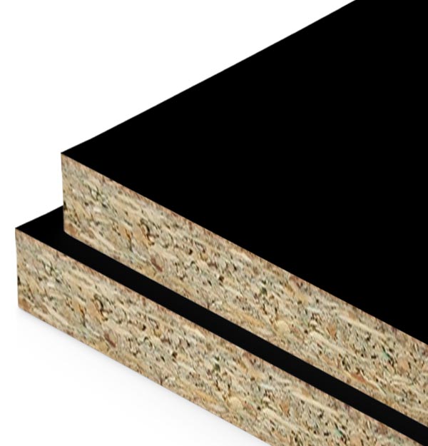 Black melamine HMR 16mm sheet – moisture resistant engineered board with smooth black laminate finish, ideal for kitchen cabinets, furniture making, shelving, joinery, and interior construction applications with durable particleboard core