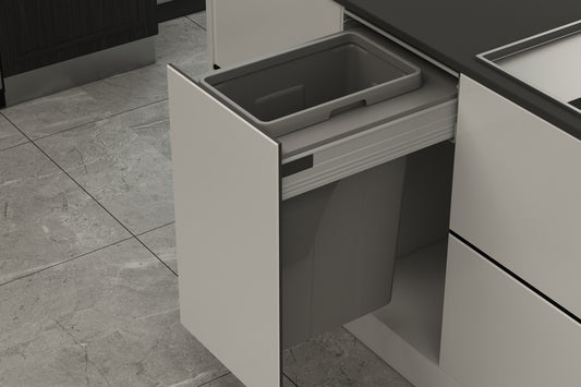 400mm pull-out kitchen bin with removable 35L waste container, cabinet-mounted sliding rubbish storage system for modern kitchens