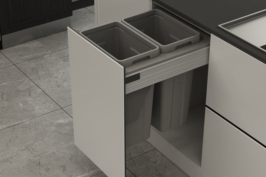 450mm pull-out kitchen bin with dual 21L removable waste and recycling bins, cabinet-mounted sliding storage system for modern kitchens
