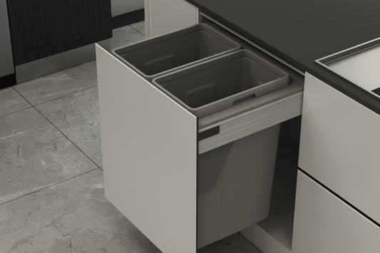600mm pull-out kitchen bin with dual 35L removable waste and recycling bins, cabinet-mounted sliding storage system for modern kitchens