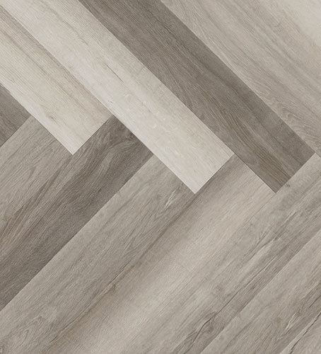 9mm Samara hybrid floorboards with a classic herringbone layout, realistic timber finish, waterproof construction, and easy-care surface.
