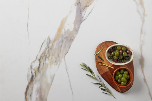 Angelico Palazzo natural quartz stone featuring elegant marble-look veining, ideal for kitchen benchtops, bathroom vanities, laundry countertops, and modern interiors.