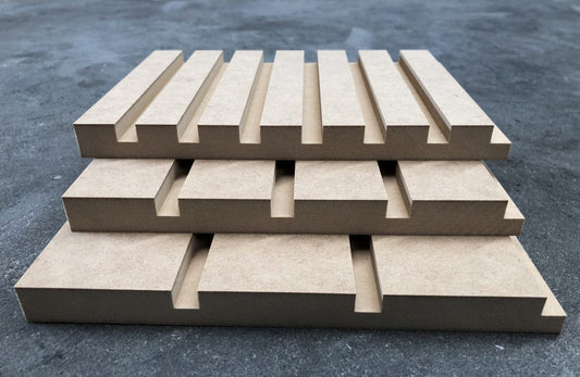 Battened MDF panels 60mm – decorative engineered wood wall panels with linear batten profile, ideal for interior feature walls, living rooms, offices, shopfitting, and architectural wall cladding applications with a paintable moisture resistant MDF surface finish